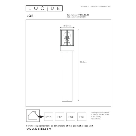 Lucide LORI - Borne extérieur - 1xE27 - IP44 - Détecteur Jour/Nuit - Anthracite