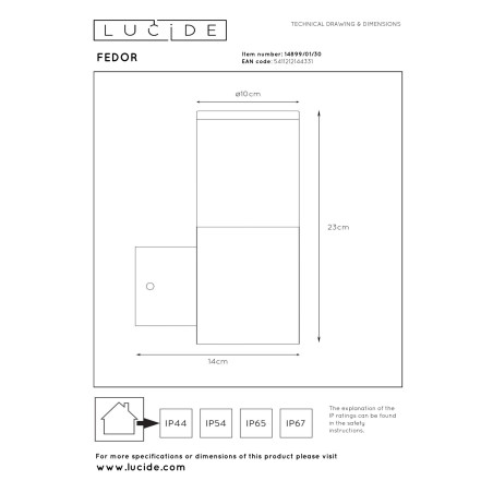 Lucide FEDOR - Applique murale Intérieur/Extérieur - 1xE27 - IP44 - Noir