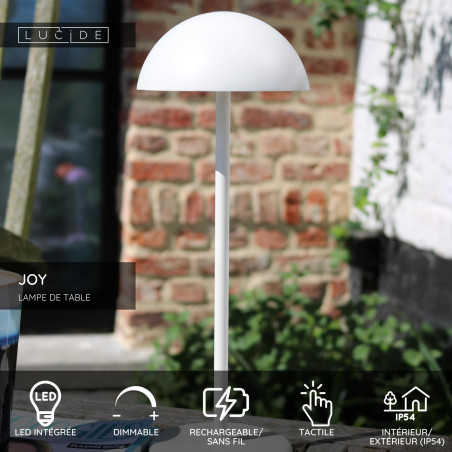 Lucide JOY - Lampe de table Rechargeable Intérieur/Extérieur - Batterie/Piles - Ø 12 cm - LED Dim. - 1x1,5W 3000K - IP54 - Blanc