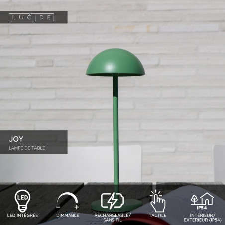 Lucide JOY - Lampe de table Rechargeable Intérieur/Extérieur - Batterie/Piles - Ø 12 cm - LED Dim. - 1x1,5W 3000K - IP54 - Vert