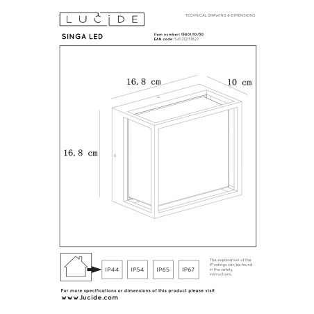 Lucide SINGA LED - Applique murale Intérieur/Extérieur - LED - 1x10W 3000K - IP54 - Noir