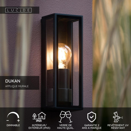 Lucide DUKAN - Applique murale Intérieur/Extérieur - 1xE27 - IP65 - Noir