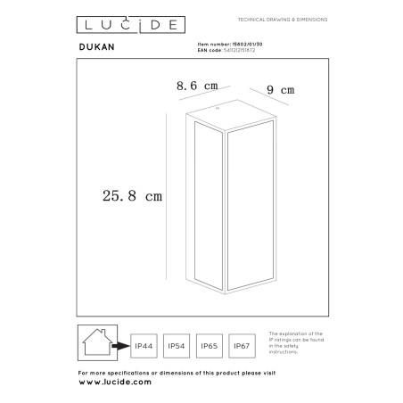 Lucide DUKAN - Applique murale Intérieur/Extérieur - 1xE27 - IP65 - Noir