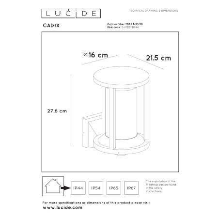 Lucide CADIX - Applique murale Intérieur/Extérieur - 1xE27 - IP65 - Noir