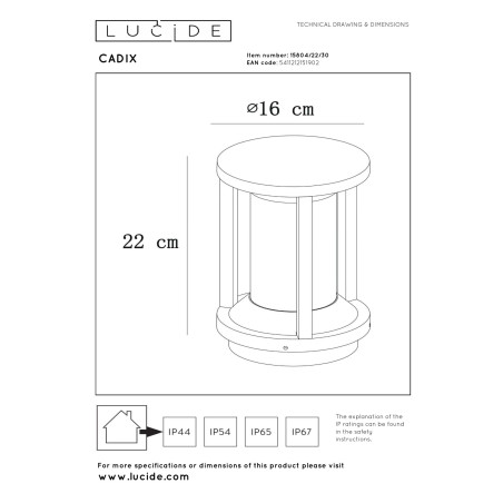 Lucide CADIX - Borne extérieur - Ø 16 cm - 1xE27 - IP65 - Noir - H 22 cm