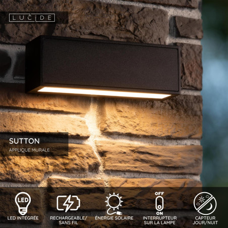 Lucide SUTTON - Applique murale- Énergie Solaire - LED - 1x1,5W 2700K/3000K - IP54 - Détecteur Jour/Nuit - Noir
