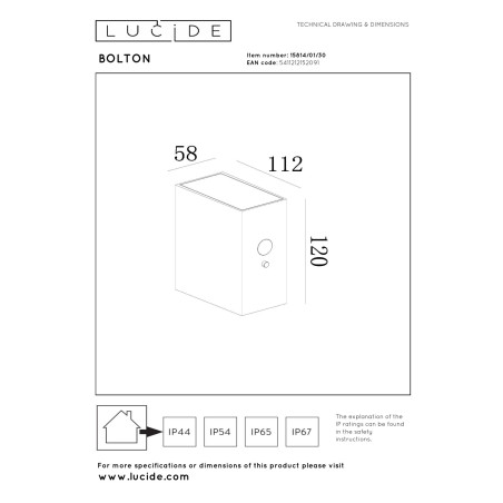 Lucide BOLTON - Applique murale- Énergie Solaire - LED Dim. - 1x1W 3000K - IP54- Détecteur De Mouvement & Jour/Nuit - Noir