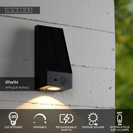 Lucide IRWIN - Applique murale- Énergie Solaire - LED Dim. - 1x2W 3000K - IP54- Détecteur De Mouvement & Jour/Nuit - Noir