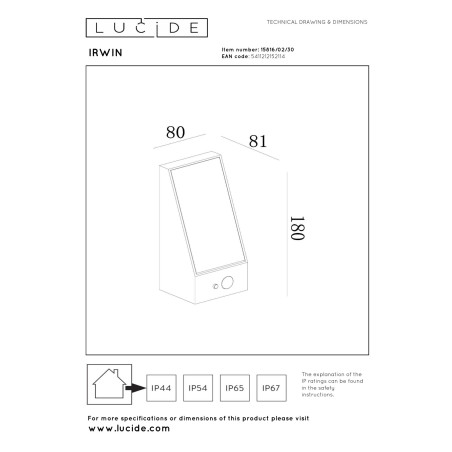 Lucide IRWIN - Applique murale- Énergie Solaire - LED Dim. - 1x2W 3000K - IP54- Détecteur De Mouvement & Jour/Nuit - Noir