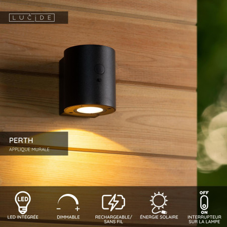 Lucide PERTH - Applique murale- Énergie Solaire - Ø 9 cm - LED Dim. - 1x1W 2700K/3000K - IP65- Détecteur De Mouvement &