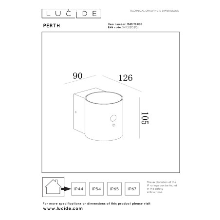 Lucide PERTH - Applique murale- Énergie Solaire - Ø 9 cm - LED Dim. - 1x1W 2700K/3000K - IP65- Détecteur De Mouvement &