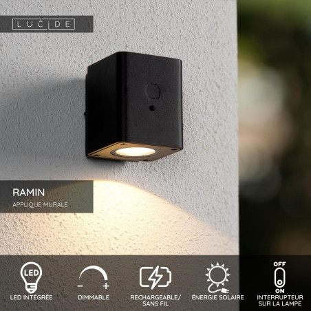 Lucide RAMIN - Applique murale- Énergie Solaire - LED Dim. - 1x1W 2700K/3000K - IP54- Détecteur De Mouvement & Jour/Nuit - Noir