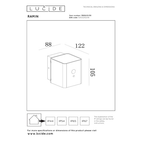Lucide RAMIN - Applique murale- Énergie Solaire - LED Dim. - 1x1W 2700K/3000K - IP54- Détecteur De Mouvement & Jour/Nuit - Noir