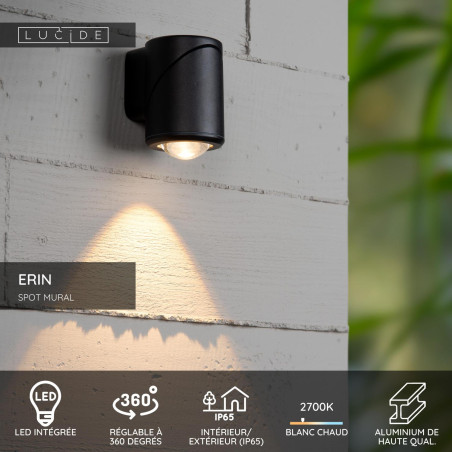 Lucide ERIN - Spot mural / Applique mural Intérieur/Extérieur - LED - 1x5W 2700K - IP65 - Noir