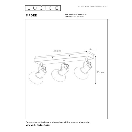 Lucide MADEE - Spot plafond - 3xE14 - Noir