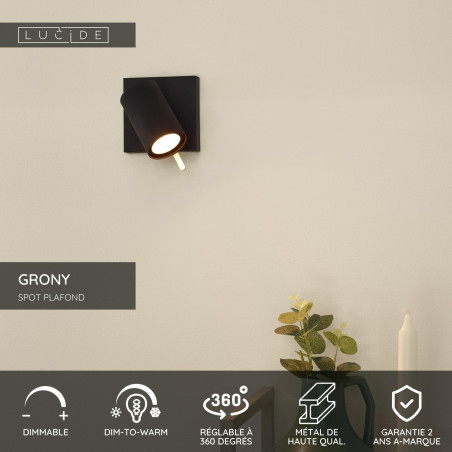 Lucide GRONY - Spot plafond - LED Dim to warm - GU10 (MR16) - 1x5W 2200K/3000K - Noir
