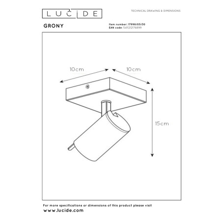 Lucide GRONY - Spot plafond - LED Dim to warm - GU10 (MR16) - 1x5W 2200K/3000K - Noir
