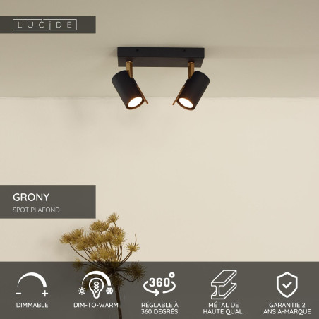 Lucide GRONY - Spot plafond - LED Dim to warm - GU10 (MR16) - 2x5W 2200K/3000K - Noir