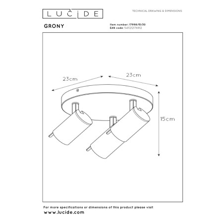 Lucide GRONY - Spot plafond - LED Dim to warm - GU10 (MR16) - 3x5W 2200K/3000K - Noir