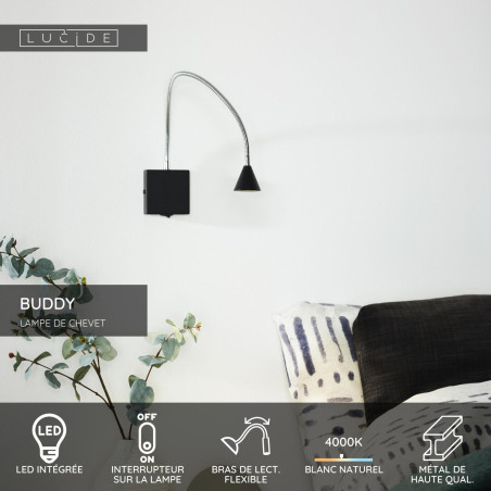 Lucide BUDDY - Lampe de chevet / Applique mural - LED - 1x4W 4000K - Noir
