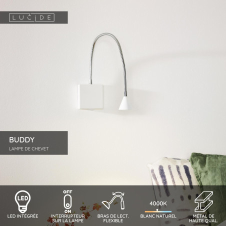 Lucide BUDDY - Lampe de chevet / Applique mural - LED - 1x4W 4000K - Blanc