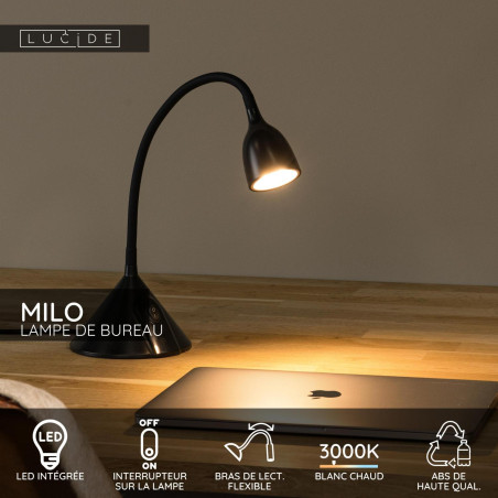 Lucide MILO - Lampe de bureau - Ø 12,8 cm - LED - 1x3,2W 3000K - Noir