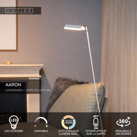 Lucide AARON - Lampadaire / lampe de lecture - LED Dim. - CCT - 1x12W 2700K/4000K - Blanc