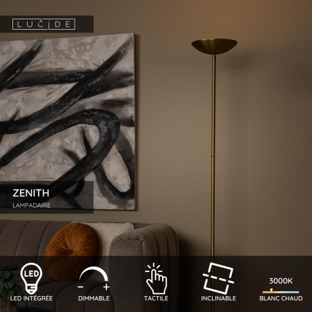 Lucide ZENITH - Lampadaire - Ø 25,4 cm - LED Dim. - 1x20W 3000K - Or Mat / Laiton