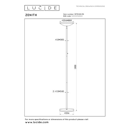 Lucide ZENITH - Lampadaire - LED Dim. - 1x20W 3000K - Noir