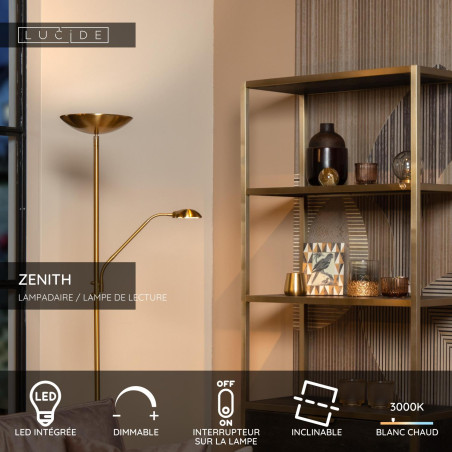 Lucide ZENITH - Lampadaire / lampe de lecture - LED Dim. - 3000K - Or Mat / Laiton
