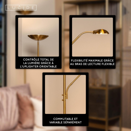Lucide ZENITH - Lampadaire / lampe de lecture - LED Dim. - 3000K - Or Mat / Laiton
