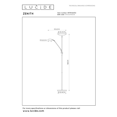Lucide ZENITH - Lampadaire / lampe de lecture - LED Dim. - 3000K - Or Mat / Laiton