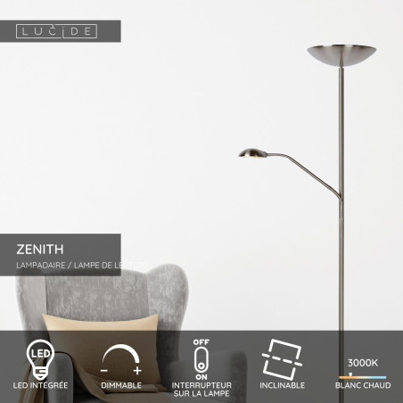Lucide ZENITH - Lampadaire / lampe de lecture - LED Dim. - 3000K - Chrome Dépoli