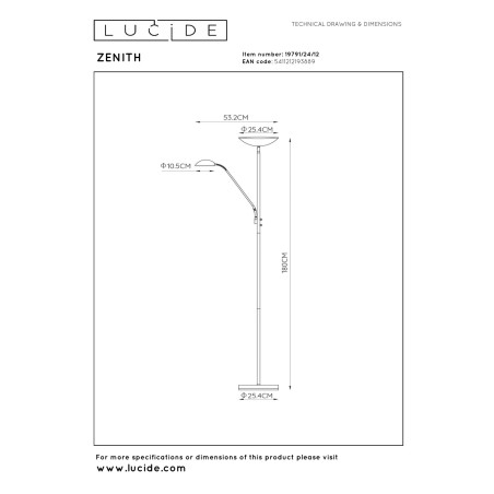Lucide ZENITH - Lampadaire / lampe de lecture - LED Dim. - 3000K - Chrome Dépoli