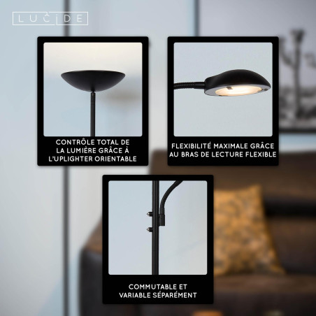 Lucide ZENITH - Lampadaire / lampe de lecture - LED Dim. - 3000K - Noir