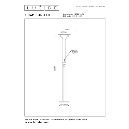 Lucide CHAMPION-LED - Lampadaire / lampe de lecture - Ø 30 cm - LED Dim. - 3000K - Noir