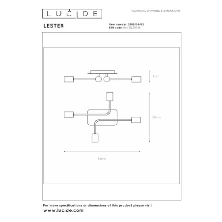 Lucide LESTER - Plafonnier - 4xE27 - Or Mat / Laiton