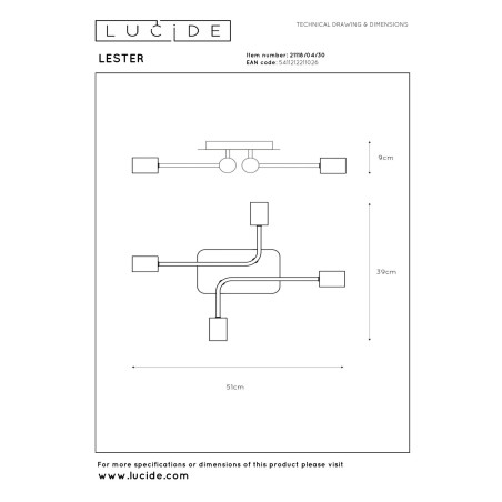 Lucide LESTER - Plafonnier - 4xE27 - Noir