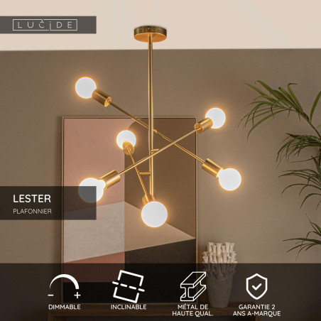 Lucide LESTER - Plafonnier - 6xE27 - Or Mat / Laiton