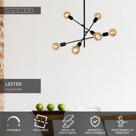 Lucide LESTER - Plafonnier - 6xE27 - Noir - L 59 x P 59 x H 83 cm