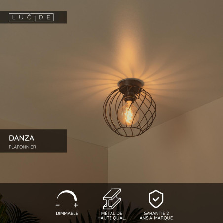 Lucide DANZA - Plafonnier - Ø 25 cm - 1xE27 - Noir