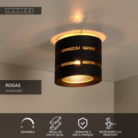 Lucide ROSAS - Plafonnier - Ø 26 cm - 1xE27 - Noir