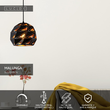 Lucide MALUNGA - Suspension - Ø 25 cm - 1xE27 - Noir