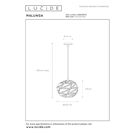 Lucide MALUNGA - Suspension - Ø 25 cm - 1xE27 - Blanc