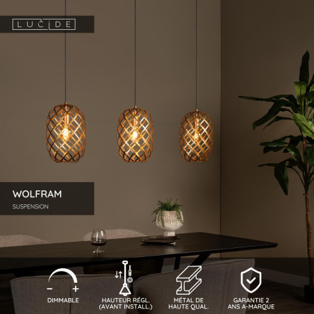 Lucide WOLFRAM - Suspension - 3xE27 - Or Mat / Laiton