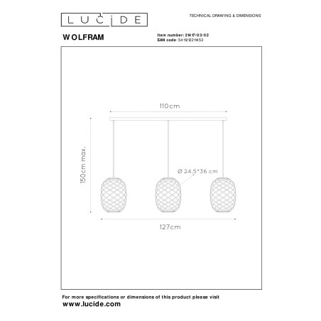 Lucide WOLFRAM - Suspension - 3xE27 - Or Mat / Laiton