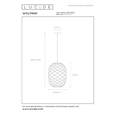 Lucide WOLFRAM - Suspension - Ø 32 cm - 1xE27 - Or Mat / Laiton