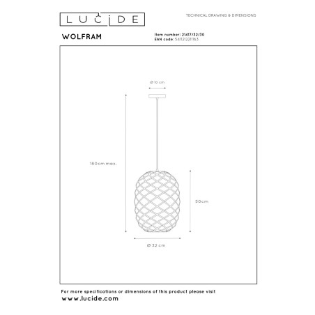 Lucide WOLFRAM - Suspension - Ø 32 cm - 1xE27 - Noir
