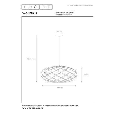 Lucide WOLFRAM - Suspension - Ø 65 cm - 1xE27 - Or Mat / Laiton
