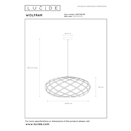 Lucide WOLFRAM - Suspension - Ø 65 cm - 1xE27 - Noir